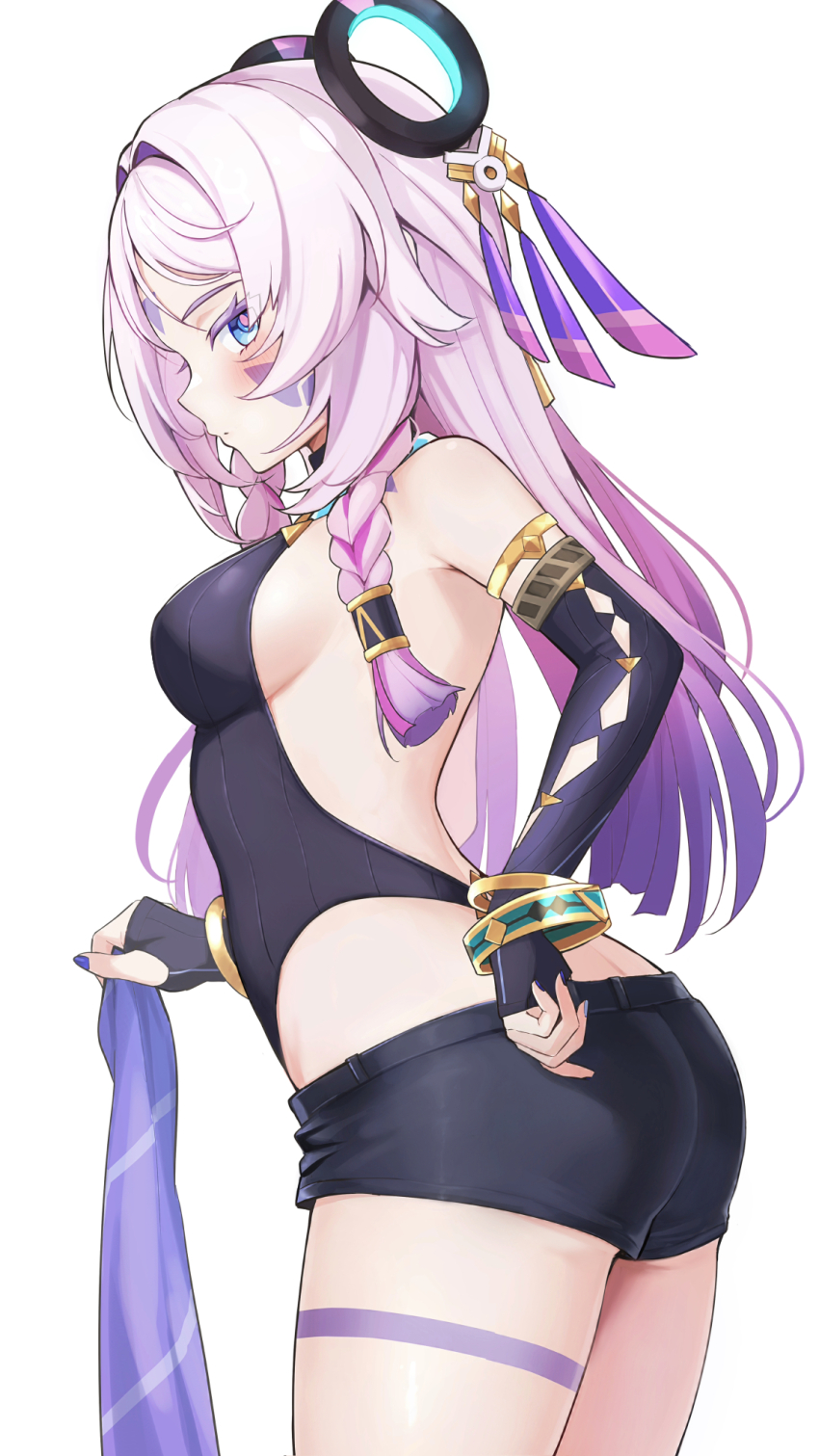 1girl ass asymmetrical_gloves bare_shoulders black_gloves black_leotard black_shorts blue_nails blunt_tresses blush bracelet breasts citlali_(genshin_impact) closed_mouth commentary_request elbow_gloves facial_mark fingernails from_side genshin_impact glove_cutout gloves gold_armlet gold_bracelet highres holding_sarong jewelry leotard long_hair looking_at_viewer medium_breasts mismatched_gloves nail_polish pink_hair pink_pupils purple_eyes purple_sarong ring_hair_ornament sarong short_shorts shorts sideboob simple_background single_elbow_glove sleeveless_turtleneck_leotard solo thigh_marking thighs triangle triangle_facial_mark unworn_sarong ura_(hamburg_oniku) white_background