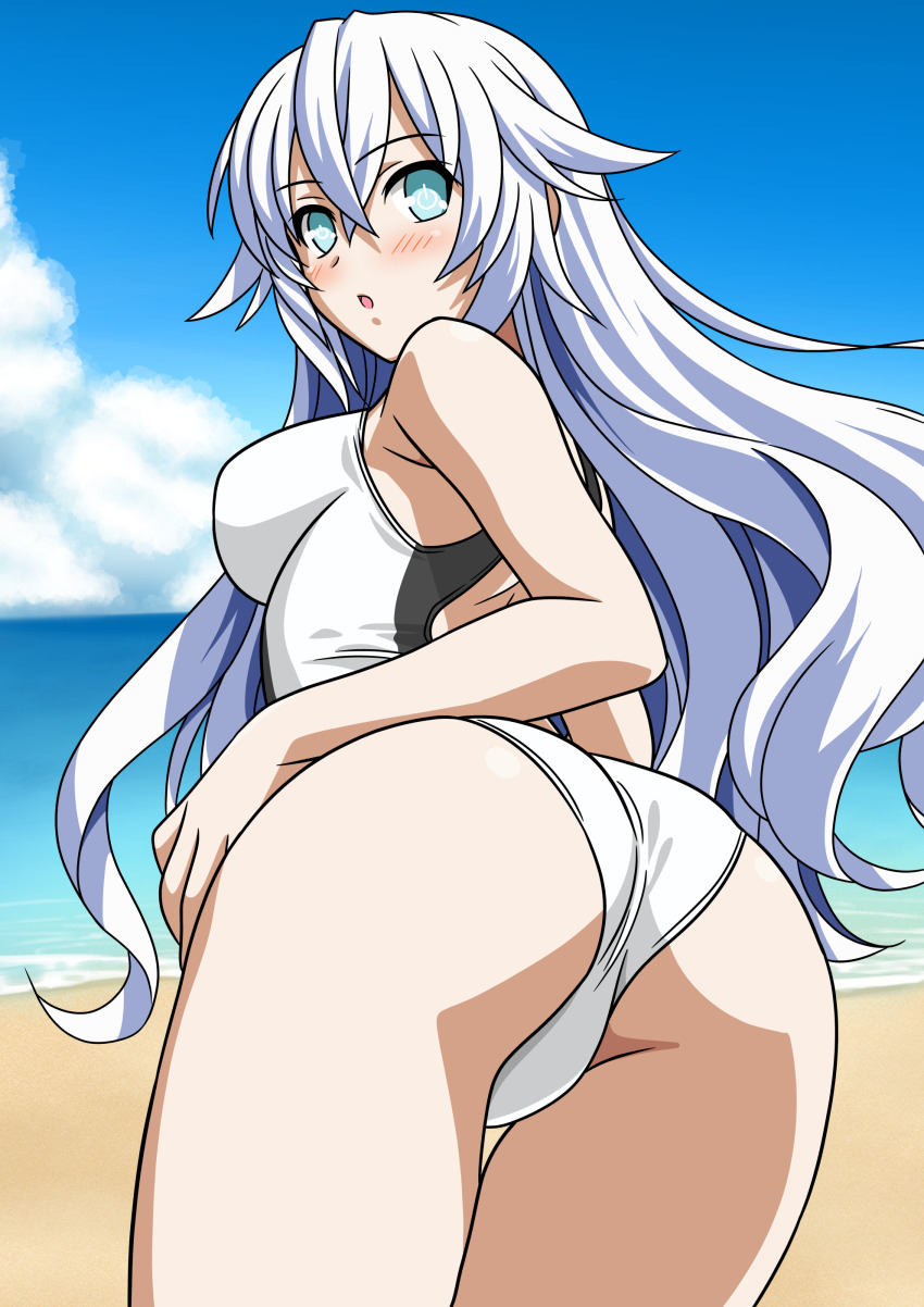 1girl absurdres ass beach black_heart_(neptunia) blue_eyes blue_sky breasts choujigen_game_neptune cloud competition_swimsuit cowboy_shot day from_behind highleg highleg_one-piece_swimsuit highres horizon long_hair looking_at_viewer looking_back medium_breasts neptune_(series) ocean one-piece_swimsuit outdoors sky solo swimsuit two-tone_swimsuit white_hair white_one-piece_swimsuit yuuyuu_(3jjbn)