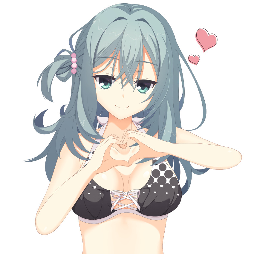 1girl absurdres aqua_eyes aqua_hair bare_arms bare_shoulders beads bikini black_bikini breasts breasts_apart closed_mouth commentary_request crossed_bangs eyelashes front-tie_bikini_top front-tie_top hair_beads hair_between_eyes hair_intakes hair_ornament halterneck hands_up heart highres holding_hands kaon_zz large_breasts long_hair looking_at_viewer official_alternate_costume one_side_up riddle_joker shikibe_mayu simple_background smile solo split_mouth swimsuit tsurime upper_body white_background