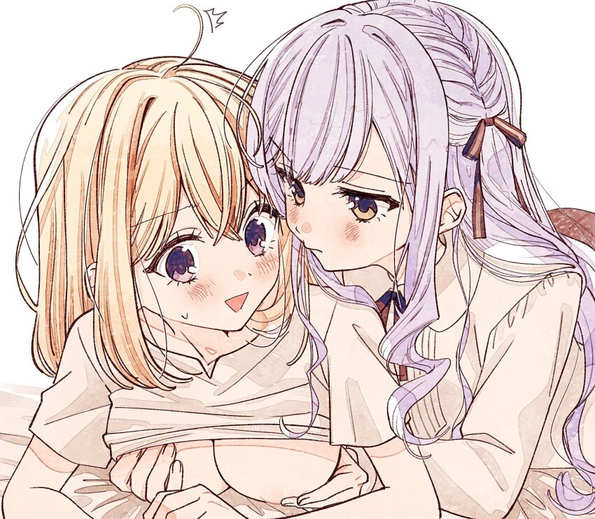 2girls bang_dream! bang_dream!_it&#039;s_mygo!!!!! black_ribbon blonde_hair blue_hair blush breasts ccc_cloudy closed_mouth clothes_lift commentary grabbing_another&#039;s_breast grabbing_from_behind groping hair_ribbon hashtag-only_commentary highres long_sleeves medium_breasts medium_hair misumi_uika multiple_girls nipples open_mouth purple_eyes ribbon shirt shirt_lift short_sleeves simple_background togawa_sakiko two_side_up white_background white_shirt yellow_eyes yuri