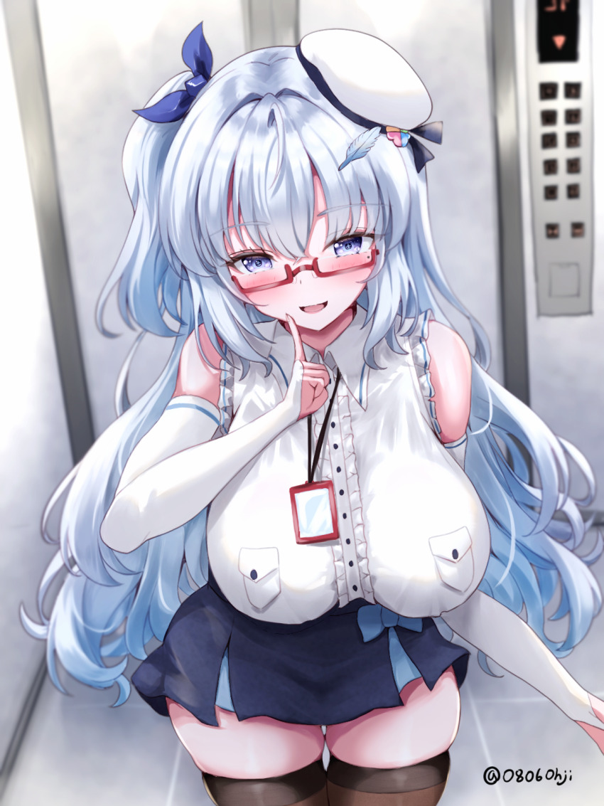 0806ohji 1girl :d beret black_skirt black_thighhighs blue_eyes blue_hair breasts collared_shirt commentary_request cowboy_shot elbow_gloves elevator elevator_door fingerless_gloves glasses gloves hair_ribbon hat highres index_finger_raised indoors lanyard large_breasts long_hair open_mouth original red-framed_eyewear ribbon semi-rimless_eyewear shirt skirt sleeveless sleeveless_shirt smile thighhighs thighs tile_floor tiles two_side_up under-rim_eyewear very_long_hair white_hat white_shirt zettai_ryouiki