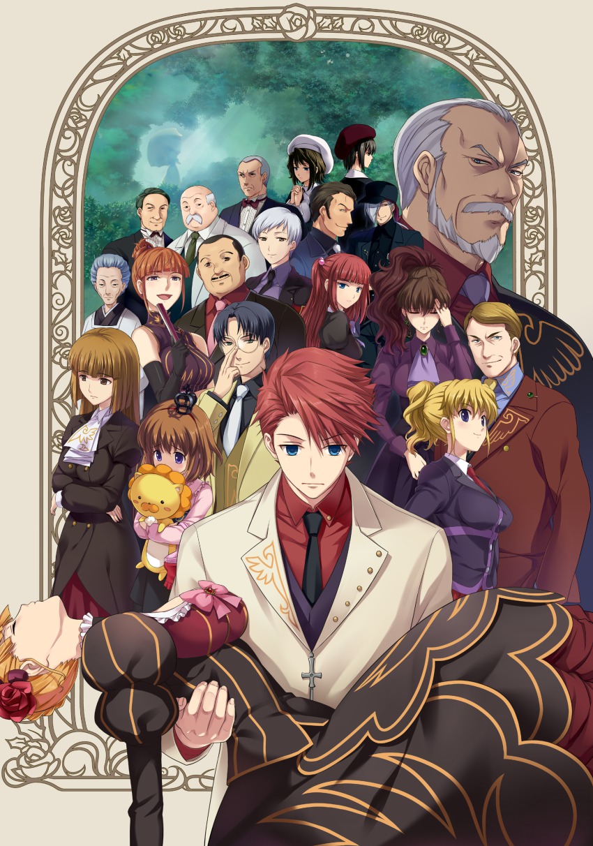 07th_expansion 6+boys 6+girls absurdres amakusa_juuza beatrice_(umineko) beret black_hair blonde_hair blue_eyes blush bow brown_eyes brown_hair choker crown dress earrings flower formal_clothes glasses gloves gouda_toshirou green_eyes hair_bobbles hair_ornament hat highres hime_cut jacket jewelry kanon_(umineko) kumasawa_chiyo long_hair maid multiple_boys multiple_girls nanjou_terumasa necktie no_naku_koro_ni_(series) official_art orange_hair pink_bow ponytail purple_eyes red_flower red_hair red_rose ribbon ronoue_genji rose sakutarou_(umineko) shannon_(umineko) short_hair silver_hair skirt smile suit twintails umineko_no_naku_koro_ni ushiromiya_ange ushiromiya_battler ushiromiya_eva ushiromiya_george ushiromiya_hideyoshi ushiromiya_jessica ushiromiya_kinzou ushiromiya_krauss ushiromiya_kyrie ushiromiya_maria ushiromiya_natsuhi ushiromiya_rosa ushiromiya_rudolf