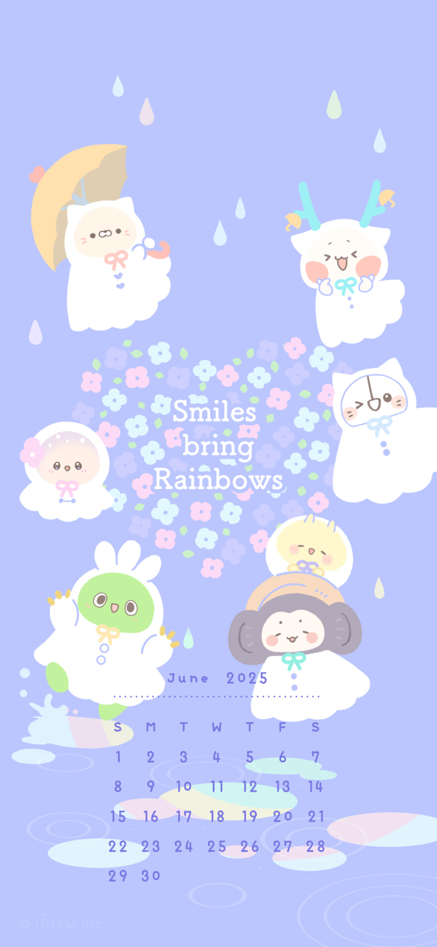 2025 :d ;d absurdres antlers bukucha_(iriam) calendar_(medium) commentary_request english_text flat_color flower heart highres holding holding_umbrella horns hoshiika_(iriam) iriam monkey nekocoro_(iriam) no_humans official_art one_eye_closed open_mouth puddle purple_background raincoat sabobon_(iriam) shirasu_(iriam) smile tsumumaru_(iriam) umbrella water_drop yuramii_(iriam)