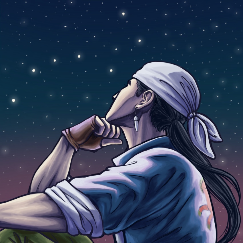 1boy bandana black_hair blue_shirt brown_gloves chinese_clothes collared_shirt earrings facing_away fingerless_gloves gloves green_pants highres jewelry long_hair looking_up low_ponytail muscular_arms night night_sky pants ponytail profile ren_wu_ying shenmue shenmue_ii shirt sideburns sky sleeves_rolled_up sliverofsand solo star_(sky) thick_eyebrows tooth_earrings white_bandana