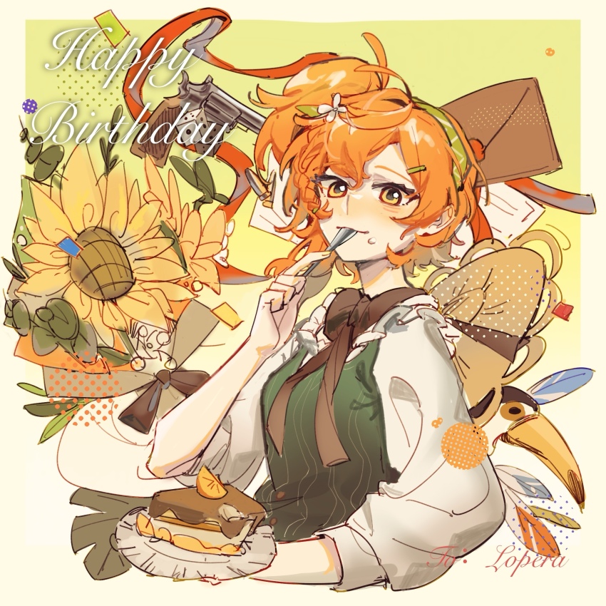 ._yao_yizhi_fa_._hao_ma 1girl bird character_name flower green_background green_hairband green_vest gun hairband handgun happy_birthday hat hat_on_back highres holding holding_plate holding_spoon looking_at_viewer lopera_(reverse:1999) medium_hair orange_eyes orange_hair plate reverse:1999 revolver shirt side_ponytail solo spoon straw_hat sunflower toucan upper_body utensil_in_mouth vest weapon white_shirt yellow_flower