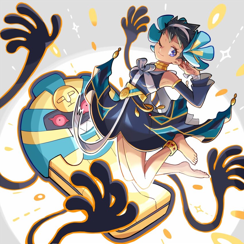 1girl ;) anklet barefoot black_dress black_hair blue_eyes breasts closed_mouth cofagrigus commentary_request detached_sleeves dress eyelashes ffccll flower gen_5_pokemon green_flower hair_flower hair_ornament hairband hand_up highres jewelry legs medium_breasts neck_ring nintendo official_alternate_costume one_eye_closed phoebe_(fall_2023)_(pokemon) phoebe_(pokemon) pokemon pokemon_(creature) pokemon_masters_ex short_hair smile toes