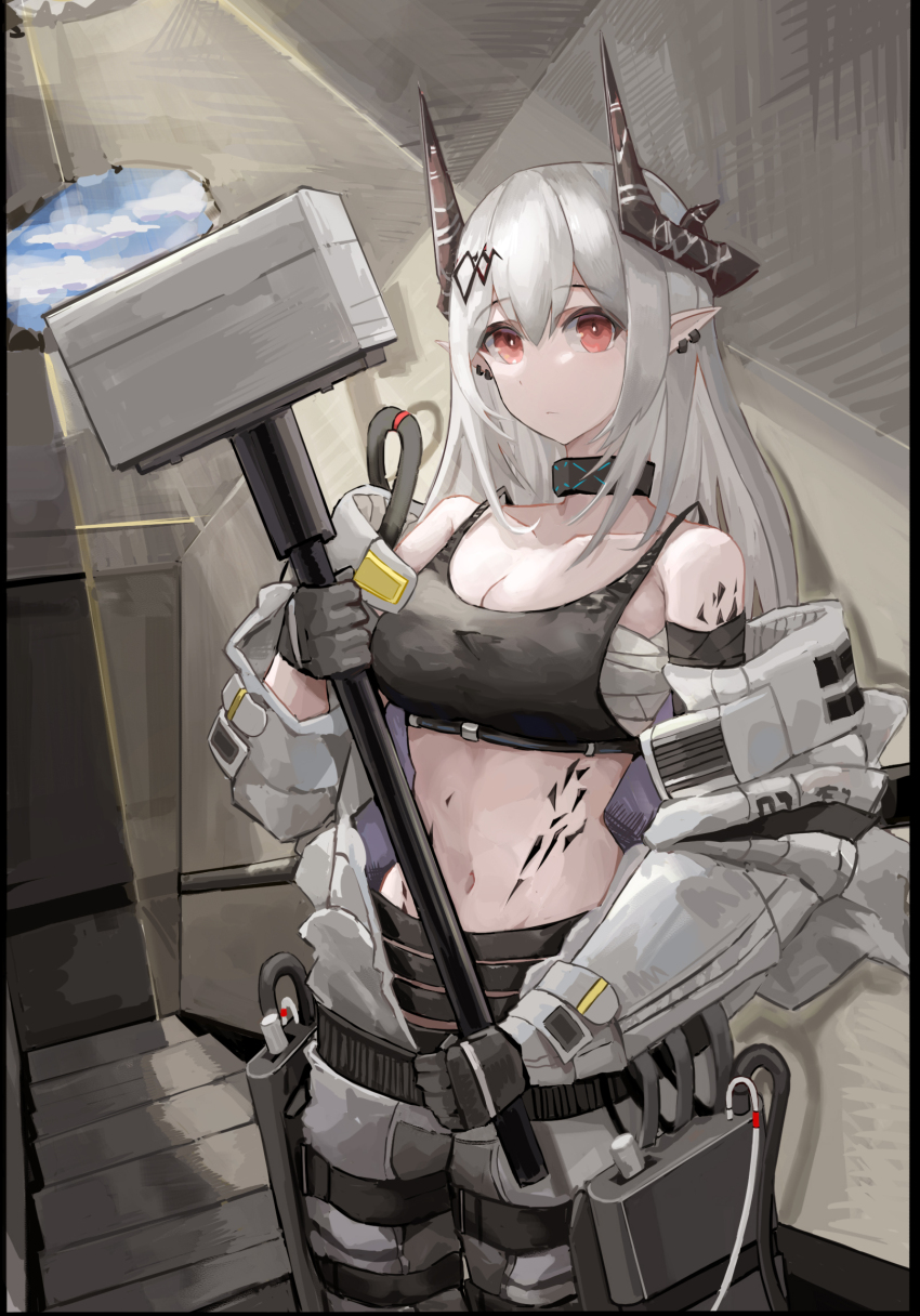 1girl ajie574493701 arknights black_gloves black_horns black_sports_bra breasts chest_sarashi chinese_commentary cleavage closed_mouth commentary cowboy_shot ear_piercing gloves grey_hair hair_between_eyes hammer highres holding holding_hammer holding_weapon horns infection_monitor_(arknights) long_hair long_sleeves looking_at_viewer material_growth mudrock_(arknights) mudrock_(elite_ii)_(arknights) oripathy_lesion_(arknights) piercing pointy_ears red_eyes sarashi sketch sketch_background sledgehammer solo spaghetti_strap sports_bra standing weapon