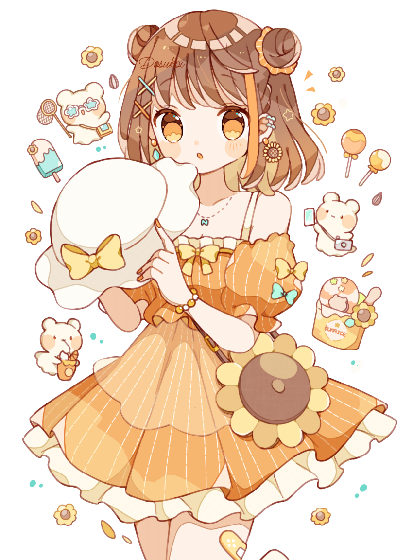 1girl :o bare_shoulders bear blush_stickers brown_hair commentary cowboy_shot double_bun dress earrings flower food frilled_dress frills hair_bun hair_ornament hat highres holding holding_unworn_clothes holding_unworn_hat jewelry nagihoko necklace off-shoulder_dress off_shoulder open_mouth orange_dress orange_eyes original popsicle short_hair short_sleeves simple_background solo striped_clothes striped_dress sunflower unworn_hat unworn_headwear white_background white_hat x_hair_ornament