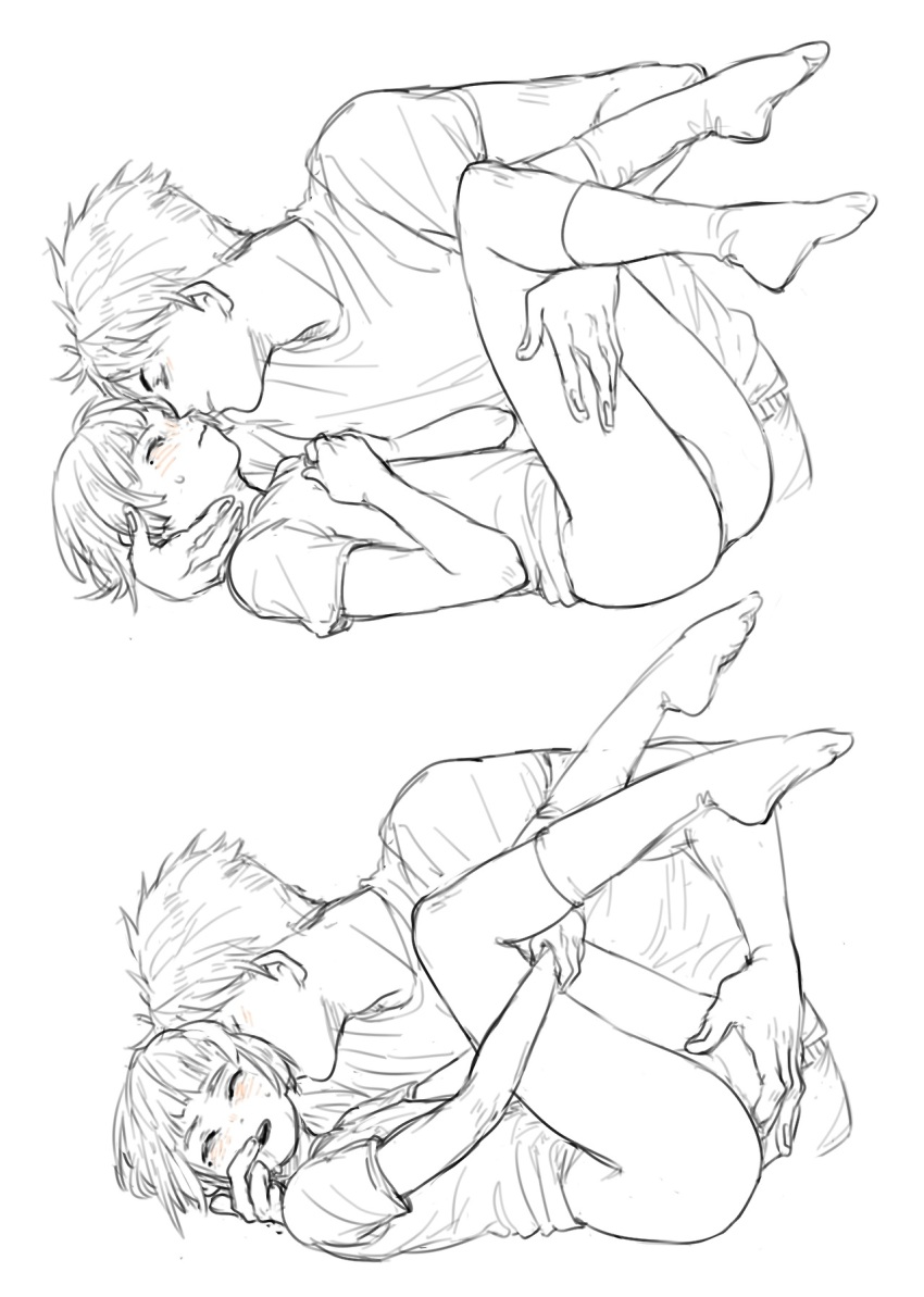 1boy 1girl blush bottomless closed_eyes finger_to_another&#039;s_mouth fingering free! greyscale hetero highres mellyart monochrome nitori_aiichirou non-web_source noses_touching shirt short_hair simple_background sketch socks source_request t-shirt yamazaki_sousuke