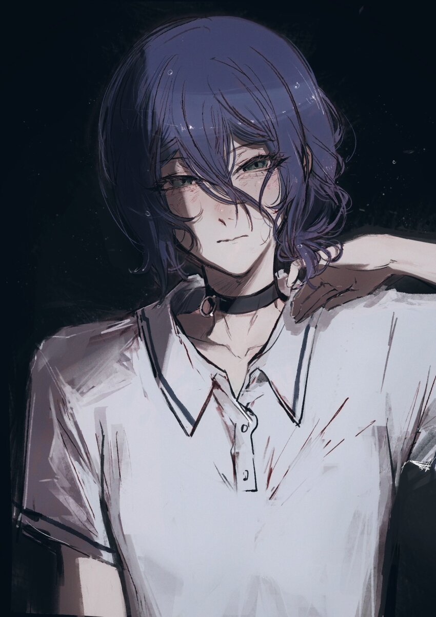 1girl black_background black_choker blue_hair chainsaw_man choker closed_mouth grenade_pin grey_eyes hair_between_eyes highres looking_at_viewer moku_(muooku) polo_shirt reze_(chainsaw_man) shirt solo white_shirt