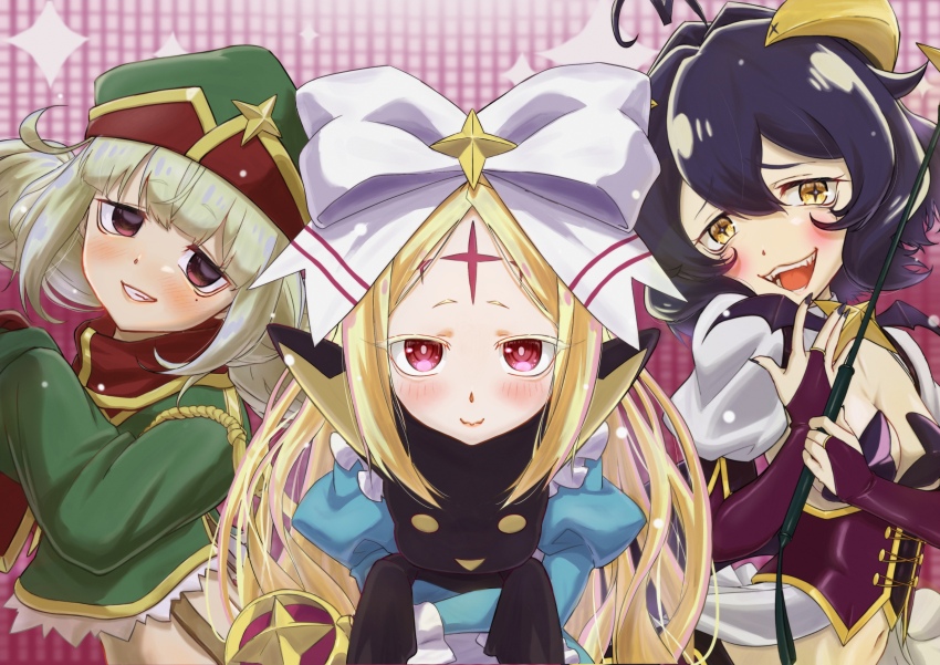 3girls absurdres ahoge araga_kiwi black_hair blonde_hair blue_dress blush bow breasts commentary_request corset cross cross-shaped_pupils dress fingernails green_hat green_jacket hair_bow hat highres hiiragi_utena holding holding_riding_crop horns jacket large_bow leoparde_(mahou_shoujo_ni_akogarete) long_fingernails long_hair looking_at_viewer magia_baiser mahou_shoujo_ni_akogarete medium_breasts medium_hair mole mole_under_eye morino_korisu multiple_girls navel nero_alice open_mouth parted_bangs pasties pink_background purple_corset red_eyes riding_crop smile sparkle symbol-shaped_pupils tetsuo0821 venalita white_bow wings yellow_eyes