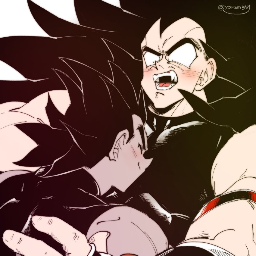 2boys bara between_pecs between_pectorals couple dark-skinned_male dark_skin dot_pupils dragon_ball dragon_ball_z:_the_tree_of_might dragonball_z face_to_pecs happy head_between_pecs highres large_pectorals long_hair lying male_focus mature_male multiple_boys muscular muscular_male on_back pectorals raditz receding_hairline shiny_clothes shirt short_hair shy sideburns sidepec sleeveless sleeveless_shirt spiked_hair surprised tullece uneven_eyes upper_body yaoi yoram_(yoram551)