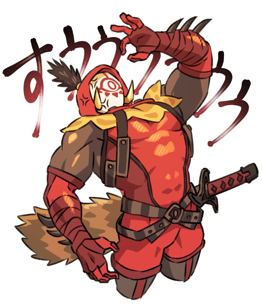 1boy anger_vein angry bad_id bad_twitter_id black_hair bodysuit cropped_legs hand_gesture highres male_focus nintendo simple_background solo the_legend_of_zelda the_legend_of_zelda:_breath_of_the_wild uzura3026 white_background yiga_clan yiga_clan_blademaster