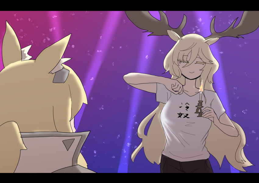 2girls absurdres animal_ear_fluff antlers arknights black_pants blonde_hair candle closed_eyes closed_mouth clothes_writing facing_viewer hair_between_eyes hands_up hashtag-only_commentary high_collar highres holding horns kalyisya letterboxed long_hair meme multiple_girls nearl_(arknights) nearl_the_radiant_knight_(arknights) one-hour_drawing_challenge pants shikairo_days_dance_(meme) shirt short_sleeves sketch smile standing t-shirt translation_request viviana_(arknights) white_shirt
