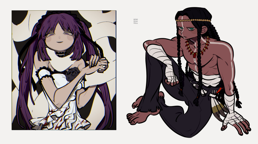 1boy 1girl absurdres arm_on_knee arm_support arm_wrap bad_id bad_twitter_id barefoot black_hair black_pants blood blood_on_clothes bloody_clothes bloody_dress blue_eyes bodypaint circlet closed_mouth dark-skinned_male dark_skin dreadlocks dress fate/grand_order fate_(series) frown geronimo_(fate) half-closed_eyes highres inactive_account jitome knee_up long_hair looking_at_viewer looking_down midriff_sarashi mogero_(gerogero_ieki) muscular muscular_male native_american own_hands_together pants purple_eyes purple_hair sanpaku sarashi sitting smile snake snake_wrapped_around_neck stheno_(fate) strapless strapless_dress topless_male twintails white_dress white_snake