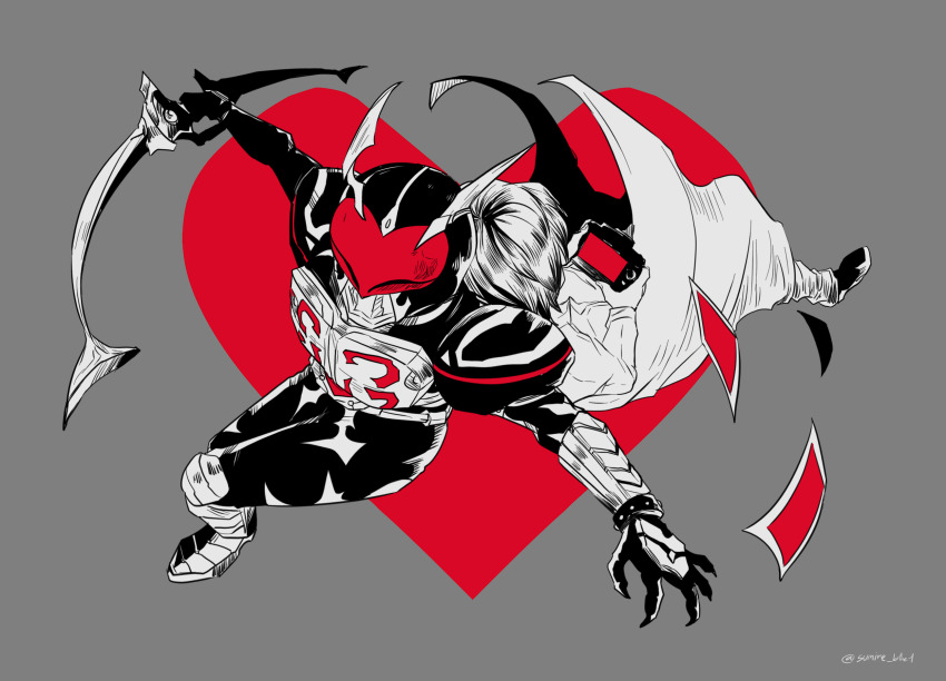 1boy aikawa_hajime belt grey_armor grey_background heart highres jacket kamen_rider kamen_rider_blade_(series) kamen_rider_chalice kanyawat_huilayhui mask photo_(object) pictures shirt shoes taking_picture
