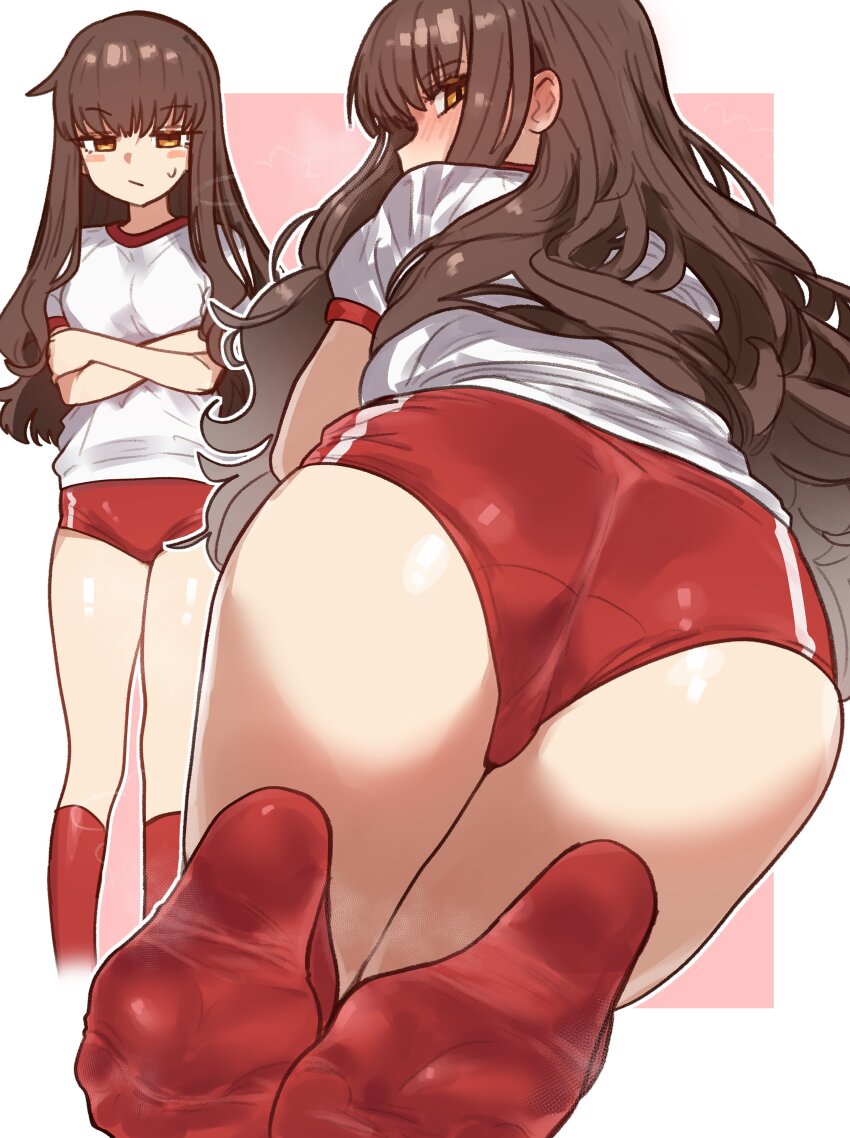 1girl absurdres ass brown_eyes brown_hair buruma crossed_arms ebora fate/extra fate/extra_ccc fate_(series) frown gym_shirt gym_uniform highres kishinami_hakuno_(female) kneehighs long_hair red_buruma red_socks shirt short_sleeves simple_background socks soles toes white_shirt