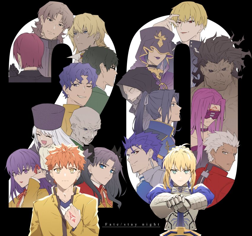 6+boys 6+girls :d ;) ^_^ absurdres ahoge anniversary archer_(fate) armor artoria_pendragon_(fate) atram_galiast bald basashi_(1092aru) bazett_fraga_mcremitz belt_collar black-framed_eyewear black_background black_eyes black_gloves black_hood blindfold blonde_hair blue_dress blue_eyes blue_hair bow bowtie breastplate brown_hair clenched_hand closed_eyes closed_mouth coat collar command_spell copyright_name covered_eyes cu_chulainn_(fate) cu_chulainn_(fate/stay_night) dark-skinned_male dark_skin dress earrings emiya_shirou empty_eyes excalibur_(fate/stay_night) facial_mark fate/stay_night fate_(series) forehead_mark gauntlets gilgamesh_(fate) glasses gloves gold_trim green_eyes grey_eyes grin hair_ribbon hand_up hassan_of_the_cursed_arm_(fate) heracles_(fate) highres homurabara_academy_school_uniform illyasviel_von_einzbern jacket jewelry kotomine_kirei kuzuki_souichirou light_smile looking_ahead looking_at_viewer looking_up mask matou_sakura matou_shinji matou_zouken medea_(caster)_(fate) medea_(fate) medium_hair medusa_(fate) medusa_(rider)_(fate) multiple_boys multiple_girls number_background old old_man one_eye_closed open_mouth orange_hair ponytail purple_collar purple_eyes purple_hair purple_headwear purple_lips red_bow red_bowtie red_coat red_eyes red_ribbon ribbon saber_(fate) sasaki_kojirou_(fate) school_uniform serious short_hair sidelocks skull_mask smile smug spiked_hair text_background tohsaka_rin two_side_up upper_body v-shaped_eyebrows white_hair white_ribbon yellow_eyes yellow_jacket