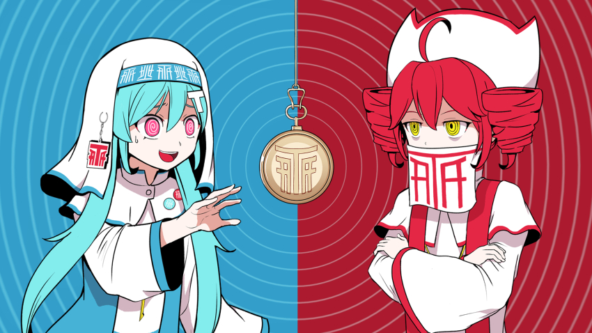 2girls ahoge aqua_hair drill_hair hair_between_eyes hair_ornament hatsune_miku highres holding holding_pocket_watch hypnosis kasane_teto long_hair long_sleeves mind_control mouth_veil multiple_girls nun own_hands_together pinocchio-p pocket_watch red_eyes red_hair ringed_eyes smile synthesizer_v t-shi_no_hanashi_wo_shinjiru_na_(vocaloid) utau veil vocaloid watch yellow_eyes