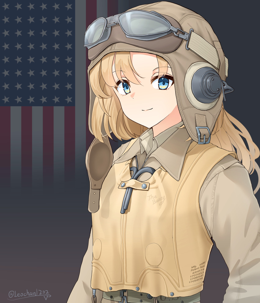1girl absurdres american_flag american_flag_background artist_name battle_of_midway belt blonde_hair blue_eyes brown_hat brown_jacket brown_shirt closed_mouth commentary flag_background flight_suit goggles goggles_on_headwear green_belt hat helmet highres historical_american_flag jacket leochan1202 life_vest long_hair looking_at_viewer military military_uniform original pilot pilot_helmet shirt smile solo united_states_navy upper_body world_war_ii