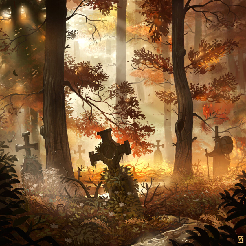 1boy artist_logo autumn backpack bag branch cane commentary day english_commentary fog foliage forest grass grave graveyard hat highres hiking holding leaf light_rays logo nature orange_theme original outdoors overgrown plant rock ruins scenery sky solo sunlight tombstone top_hat tree waltjan water