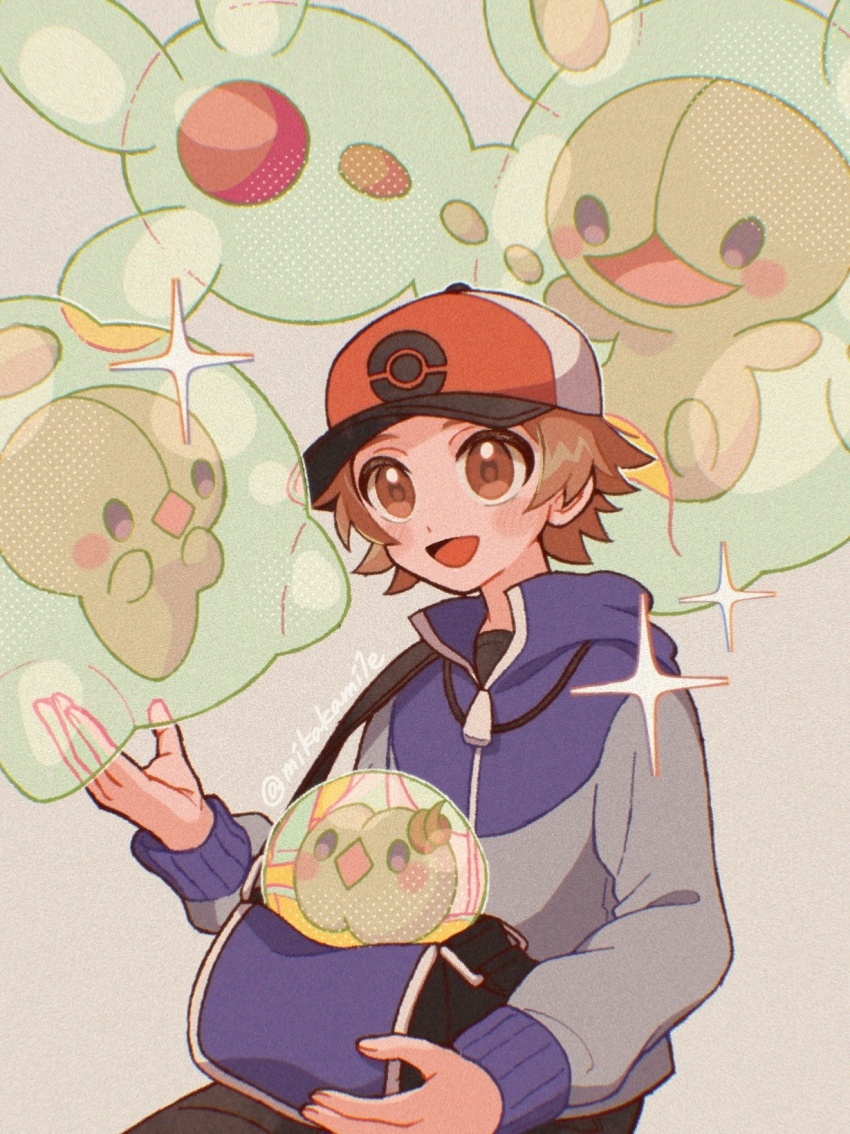 1boy :d bag baseball_cap blue_bag blue_jacket blush blush_stickers brown_eyes brown_hair commentary_request duosion evolutionary_line film_grain gen_5_pokemon grey_background hat highres hilbert_(pokemon) jacket long_sleeves male_focus mikakami1e nintendo open_mouth poke_ball_print pokemon pokemon_(creature) pokemon_bw red_hat reuniclus short_hair smile solosis sparkle twitter_username zipper zipper_pull_tab