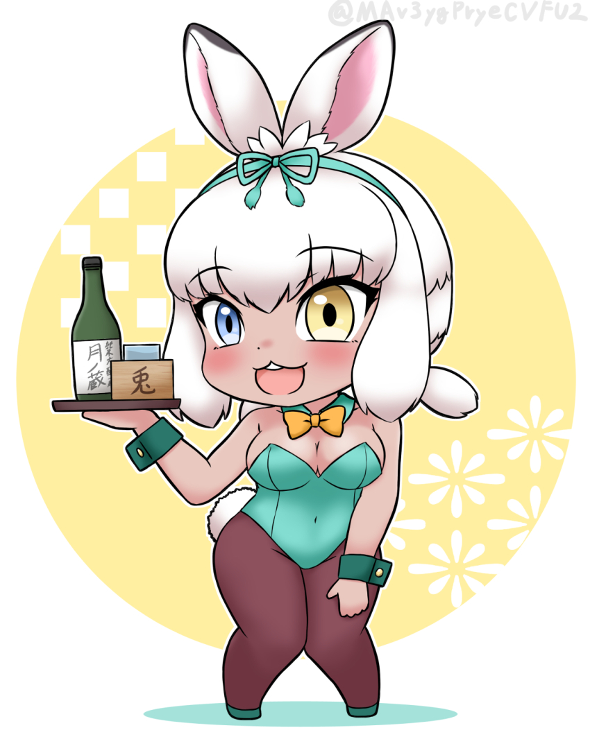 1girl :3 alcohol alternate_costume animal_ears bare_shoulders black_pantyhose blue_bow blue_eyes blue_leotard blush bow bowtie detached_collar hair_between_eyes hair_bow heterochromia highres kemono_friends leotard mabuta_(mbt) open_mouth orange_bow orange_bowtie pantyhose playboy_bunny rabbit_ears rabbit_girl rabbit_tail sidelocks sleeveless smile solo strapless strapless_leotard tail translation_request tray tsukuyomi_shinshi_(kemono_friends) white_hair wrist_cuffs yellow_eyes