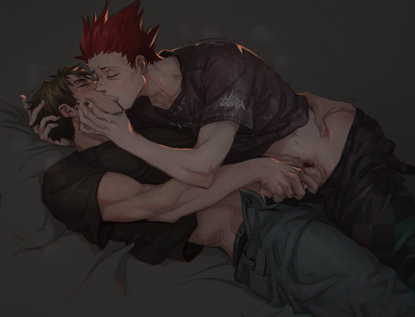 2boys absurdres black_male_underwear closed_eyes clothes_pull collarbone commentary green_hair haikyuu!! hand_on_another&#039;s_ass hand_on_another&#039;s_head highres kiss lying male_focus male_pubic_hair male_underwear masturbation multiple_boys netcrow98 on_back pants pants_pull penis precum pubic_hair red_hair shirt short_hair tendou_satori toned toned_male underwear ushijima_wakatoshi yaoi