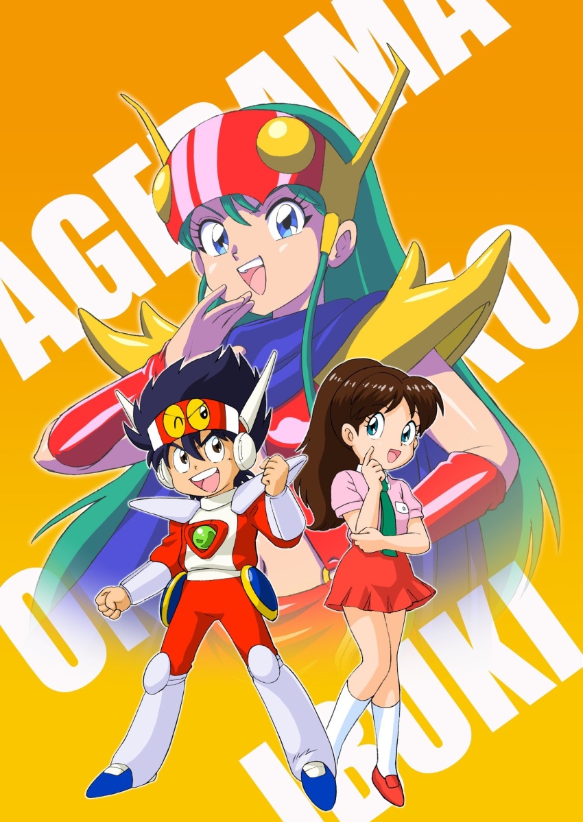 agedama_genji armor artist_request blue_hair boots brown_hair child genji_tsuushin_agedama heike_ibuki highres kuki_rei long_hair necktie ponytail shirt shoes skirt smile socks superhero_costume warpro_(genji_tsuushin_agedama)