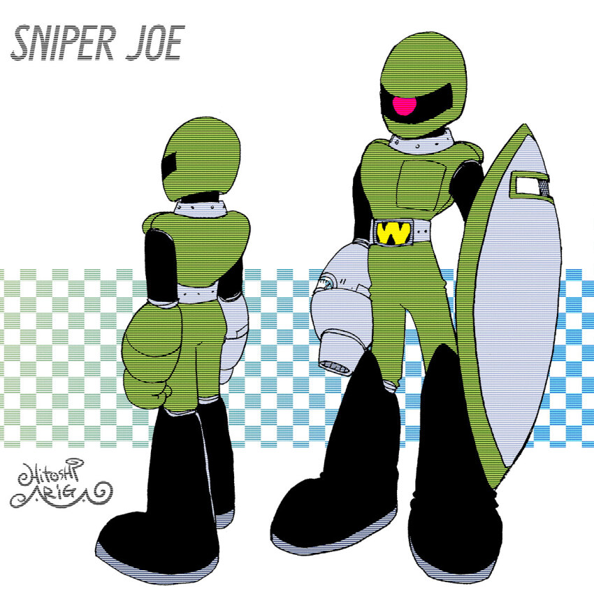 1boy ariga_hitoshi arm_cannon armor artist_name belt black_footwear black_sleeves blue_background boots character_name reference_sheet checkered_background colored_shoe_soles commentary_request concept_art from_behind full_body glowing glowing_eye gradient_background green_armor green_background green_helmet green_pants grey_belt grey_footwear helmet highres holding holding_shield humanoid_robot joints knee_boots looking_ahead male_focus mega_man_(classic) mega_man_(series) mega_man_1 mega_man_megamix multiple_views no_humans one-eyed pants red_eyes robot robot_joints scanlines screw shield signature simple_background sniper_joe_(mega_man) standing three_quarter_view turnaround weapon white_background