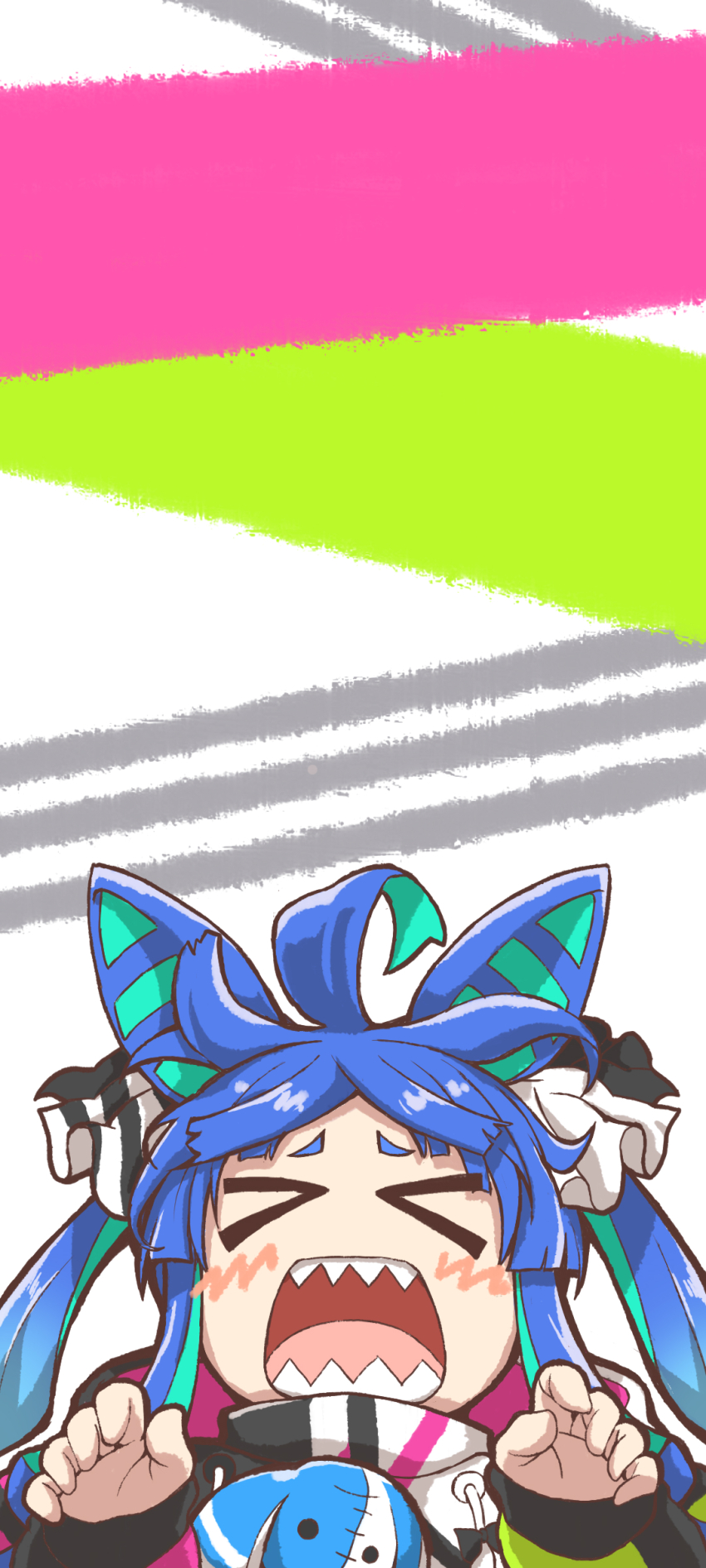 &gt;_&lt; 1girl absurdres ahoge animal_ears aqua_hair blue_hair blush bow commentary_request curled_fingers facing_viewer hair_bow hands_up highres hood hoodie horse_ears horse_girl long_sleeves multicolored_background multicolored_hair multicolored_hoodie open_mouth satomura_kyou sharp_teeth sidelocks solo striped_bow stuffed_animal stuffed_rabbit stuffed_toy teeth twin_turbo_(umamusume) twintails two-tone_hair umamusume upper_body white_background