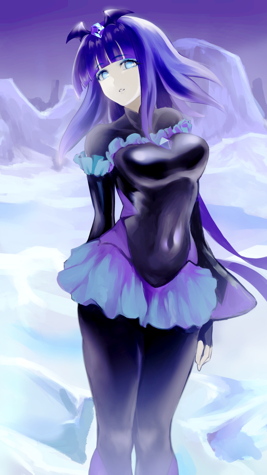 absurdres arm_at_side bad_end_beauty bad_end_precure black_bodysuit black_headwear blue_eyes blue_hair blue_skirt bodysuit breasts dark_persona frilled_sleeves frills hanazawa_(seavolt) highres ice latex latex_bodysuit looking_at_viewer medium_breasts open_mouth ponytail precure skirt smile_precure! snow