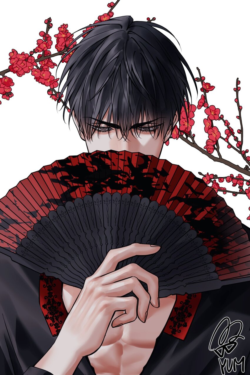 1boy artist_name bare_pectorals black_hair black_robe commentary_request fan_to_mouth flower grey_eyes hair_between_eyes hand_fan highres holding holding_fan korean_commentary looking_down male_focus pectorals plum_blossoms robe rukawa_kaede short_hair signature simple_background slam_dunk_(series) solo toned toned_male tsurime upper_body white_background yum_606