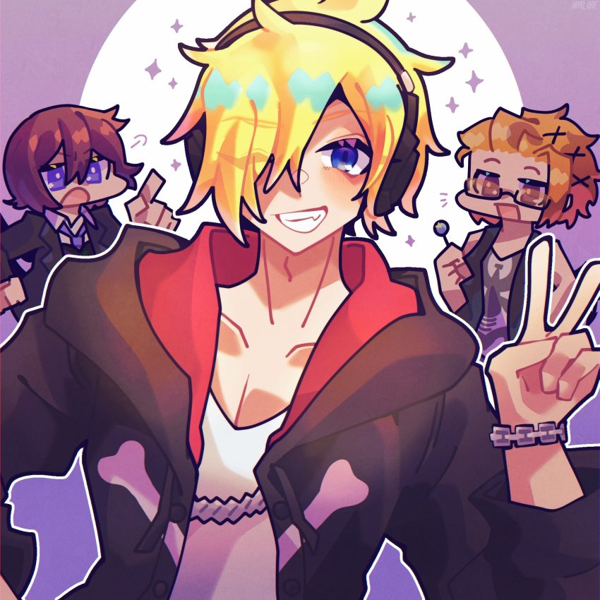 1girl 2boys bito_daisukenojo black_hoodie black_suit black_vest blonde_hair blue_eyes bracelet brown_eyes candy chain chain_necklace collared_shirt eyebrows eyes_visible_through_hair food formal_clothes glasses hair_ornament hair_over_one_eye headphones highres hiyo_qre hood hood_down hoodie jewelry kariya_koki lollipop multiple_boys necklace necktie one_eye_closed open_mouth orange_hair pink_hair rectangular_eyewear shin_subarashiki_kono_sekai shirt smile subarashiki_kono_sekai suit upper_body v vest white_shirt wink yashiro_uzuki