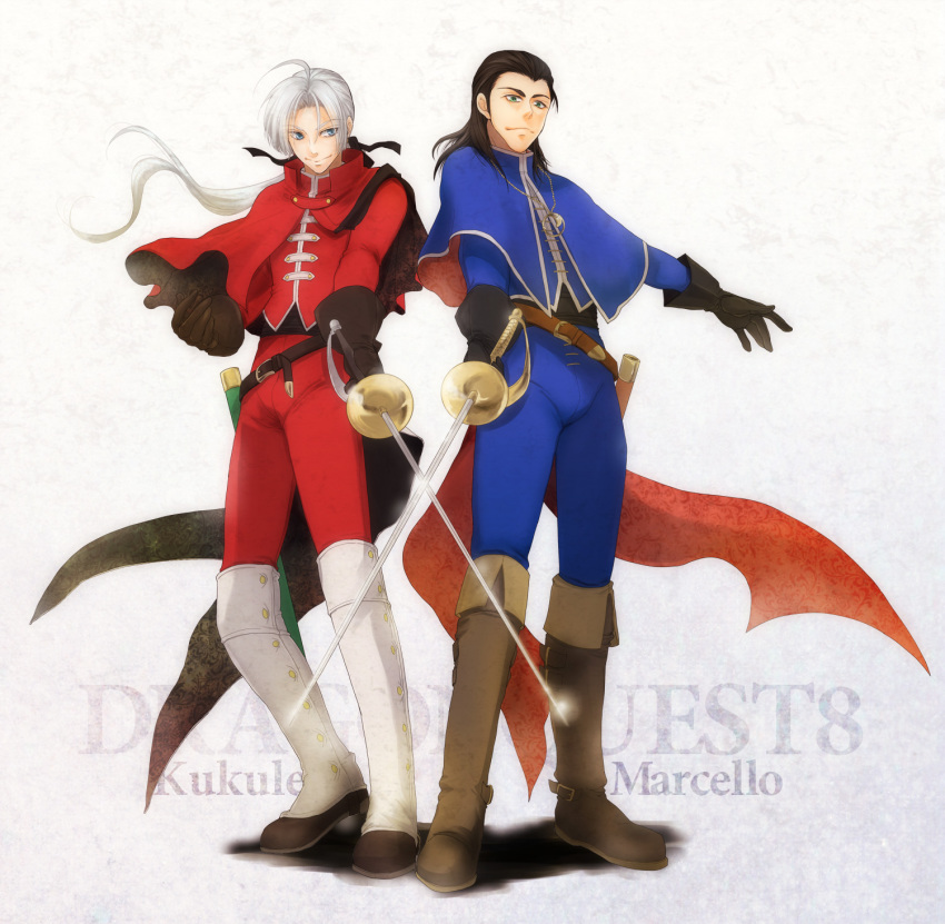 2boys black_hair blue_eyes boots brothers capelet character_name copyright_name dragon_quest dragon_quest_viii gloves highres kukuru_(dq8) long_hair marcello multiple_boys newmoon_(aoi_taso) rapier scabbard sheath siblings silver_hair sword weapon