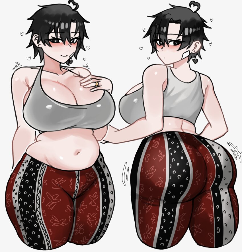 1girl absurdres ass black_eyes black_hair black_pants blush breasts clanzy_chainzy crop_top forbidden_pants highres large_breasts meme_attire midriff multicolored_pants multiple_views navel neru_(akira404040) original pants plump print_pants red_pants short_hair simple_background tank_top white_background white_pants white_tank_top