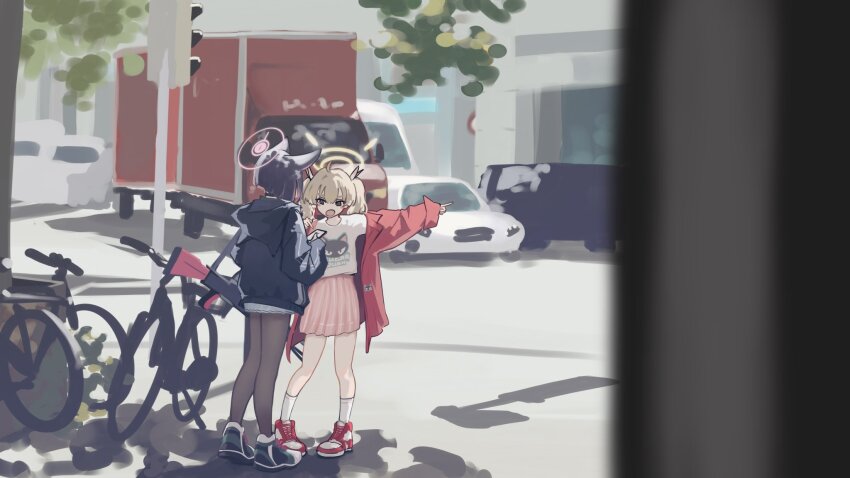 2girls angry animal_ears bicycle black_eyes black_hair black_hoodie black_pantyhose blonde_hair blue_archive box_truck bren_lmg car cat_ears cat_girl cellphone city commentary_request day gun halo highres holding holding_phone hood hood_down hoodie jacket kazusa_(blue_archive) light_machine_gun long_sleeves looking_at_another machine_gun medium_hair motor_vehicle multiple_girls off_shoulder open_clothes open_jacket open_mouth outdoors pantyhose phone pigeon-toed pink_skirt pleated_skirt pointing pointing_to_the_side print_shirt red_jacket shirt shoes short_hair shoulder_strap skirt smartphone sneakers socks sodium_chloride standing truck twintails v-shaped_eyebrows weapon white_shirt white_socks wide_shot yoshimi_(band)_(blue_archive) yoshimi_(blue_archive)