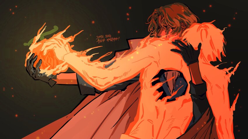 2boys black_gloves blonde_hair blue_shirt brothers cape collared_cape commentary_request corpse cowboy_shot curtained_hair death devil_fruit_power embers fingernails fire fireball gloves hand_on_another&#039;s_neck highres hole_in_chest hole_on_body korean_commentary korean_text leaff00 male_focus multiple_boys one_piece outstretched_arms popped_collar portgas_d._ace pyrokinesis sabo_(one_piece) scar scar_on_face shirt siblings sleeve_cuffs translation_request white_cape