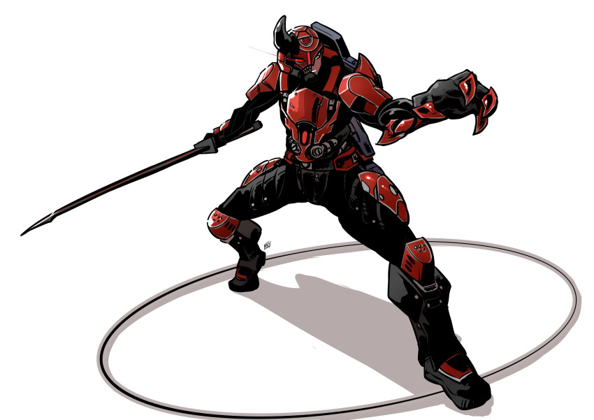 1girl absurdres armor asymmetrical_arms black_horns broken_helmet claw_pose claws clenched_teeth corruption dark-skinned_female dark_skin day_of_wrath_(infinitypilot) demon demon_girl doom_(2016) doom_(series) elite_guard_(doom) fanfic fantasy fighting_stance green_eyes gun gun_on_back hazel_eyes helmet highres holding holding_sword holding_weapon horns kukuruyo monster_girl mutant mutation red_armor rifle ruby_taylor_(day_of_wrath) science_fiction soldier solo sword teeth warrior weapon weapon_on_back