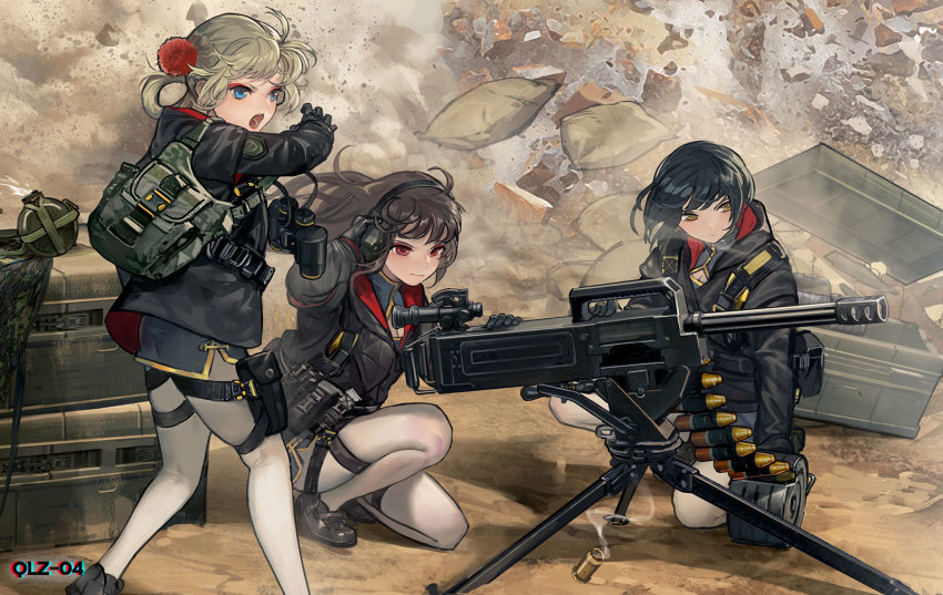 35x32mm_type_87_hv 35x32mm_type_87_hv_hedp_dfj87 35x32srmm_hv 35x32srmm_hv_hedp_dfj87 3girls ammunition ammunition_belt anti-materiel_cartridge armor-piercing_ammunition automatic_grenade_launcher backless_outfit binoculars blue_eyes boots bun_cover character_name chinese_clothes combat_boots commentary crew-served_weapon dress dual-purpose_cartridge explosive fragmentation_grenade fragmentation_warhead girls&#039;_frontline gloves grenade grenade_cartridge grenade_casing grenade_launcher hair_rings harness high-explosive_anti-tank_(warhead) high-explosive_cartridge high-explosive_dual-purpose_cartridge high_collar highres multi-tied_hair multiple_girls official_art pouch print_dress qlz-04 qlz-04_(girls&#039;_frontline) red_eyes scope shaped_charge supersonic_ammunition terras tripod weapon yellow_eyes