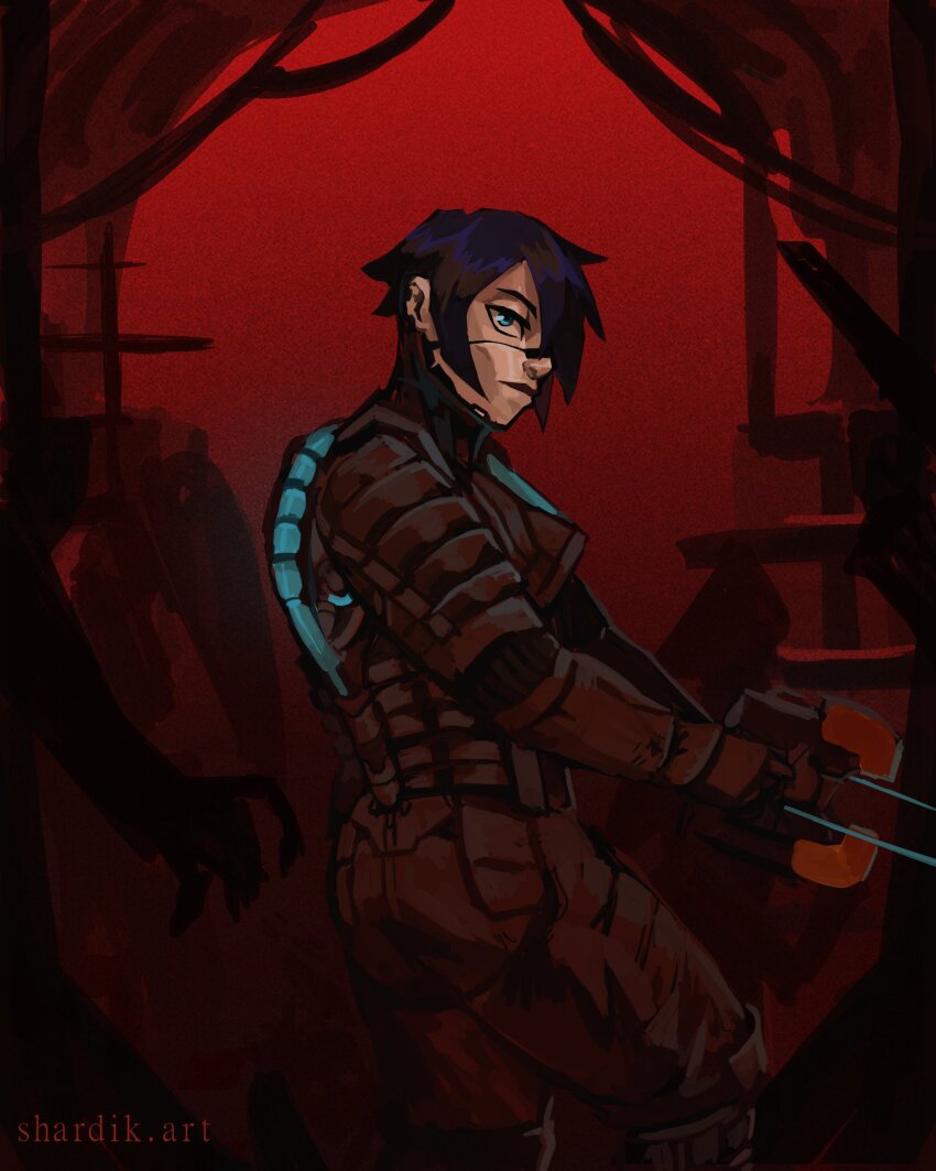 1girl 1other absurdres android armor black_hair blue_eyes cosplay dead_space elster_(signalis) film_grain highres isaac_clarke isaac_clarke_(cosplay) necromorph plasma_cutter red_theme shardikart short_hair signalis solo_focus spacesuit trait_connection