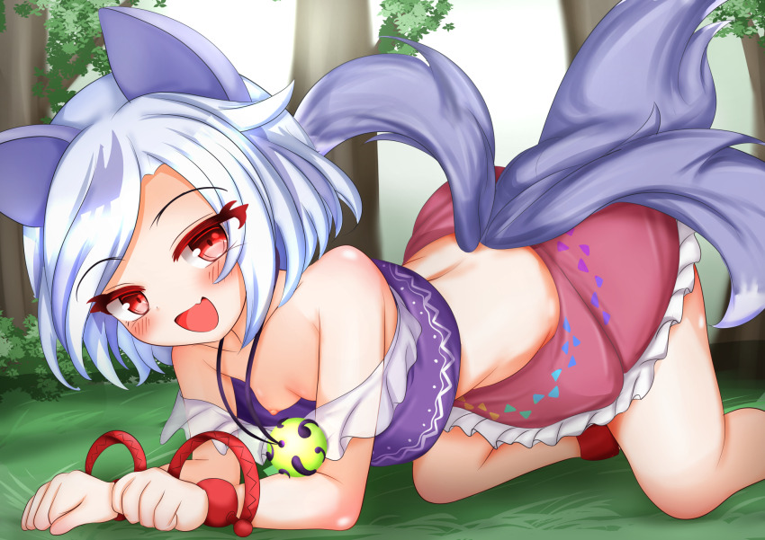 1girl all_fours animal_ears anklet bear_trap breasts cleavage clenched_hands commentary crop_top downblouse fang feet_out_of_frame grass highres jewelry kasoka_soka looking_at_viewer midriff mitsugashira_enoko multiple_tails necklace nipple_slip nipples off-shoulder_shirt off_shoulder open_mouth outdoors paw_pose pink_skirt pleated_skirt purple_shirt red_eyes red_wrist_cuffs shirt short_hair skin_fang skirt sky sleeveless sleeveless_shirt smile solo swept_bangs tail touhou tree white_hair white_sky wolf_ears wolf_girl wolf_tail wrist_cuffs