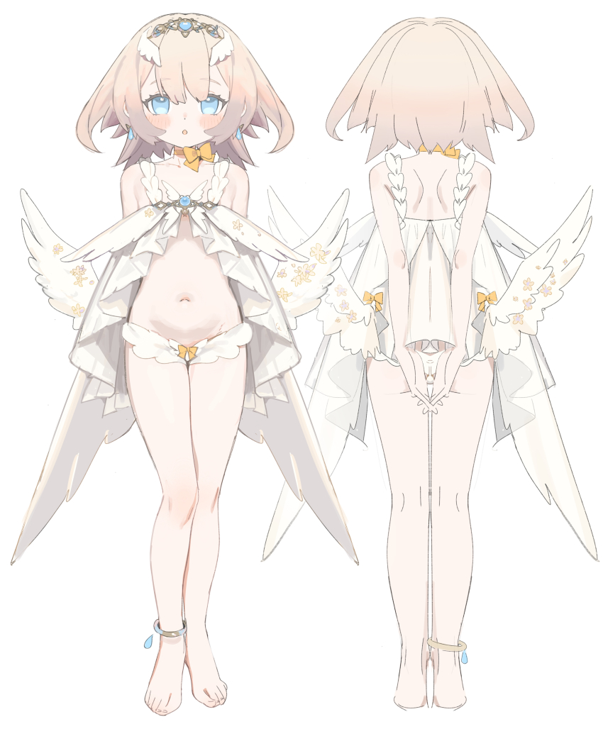 1girl absurdres anklet barefoot blonde_hair blue_eyes blush choker earrings feathered_wings flat_chest from_behind full_body highres jewelry looking_at_viewer low_wings medium_hair multiple_views navel nemo_(leafnight) open_mouth original panties revealing_clothes smile straight-on tiara toes underwear white_panties wings