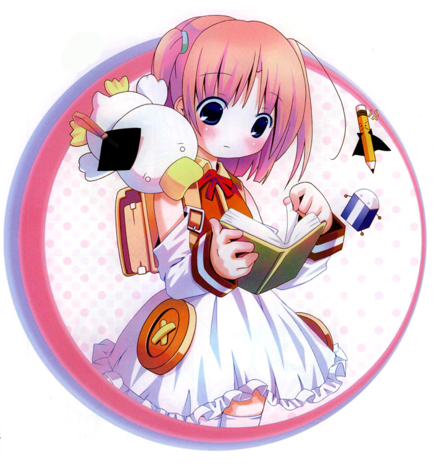 00s ah-kun backpack bag blue_eyes book buttons highres large_buttons moetan nijihara_ink oni-kun pen-kun pop randoseru thighhighs