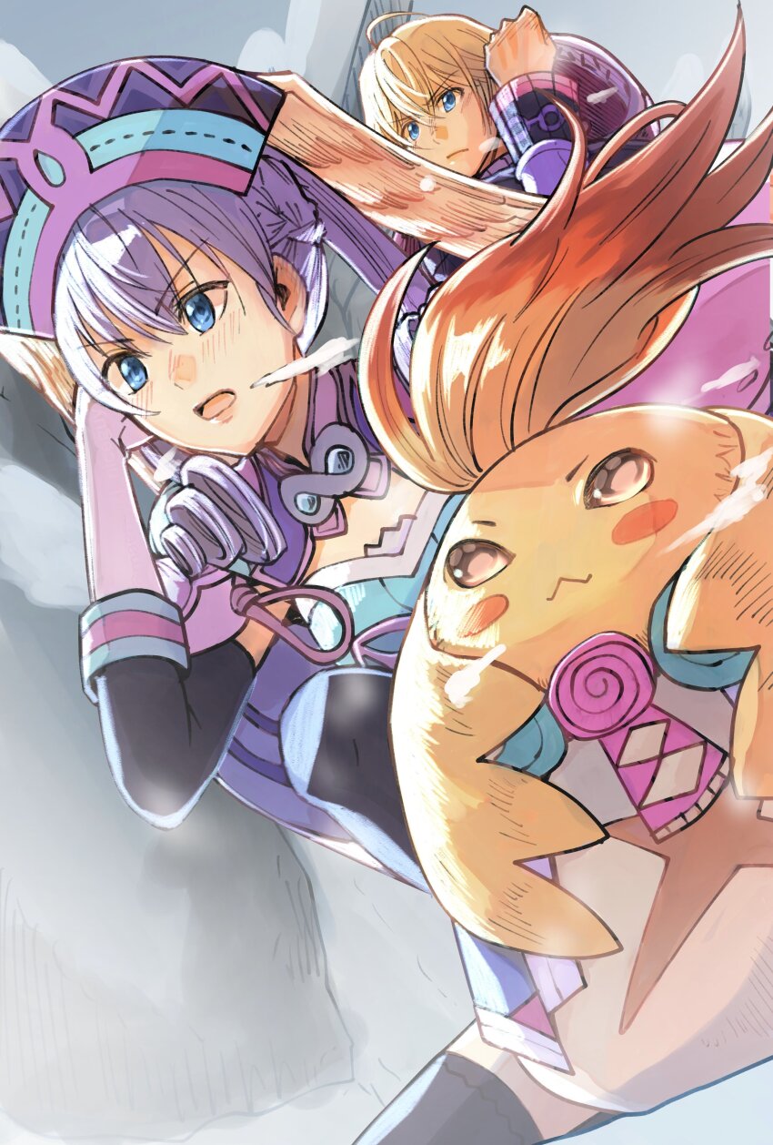 absurdres blonde_hair blue_eyes grey_hair head_wings highres melia_antiqua nakajima_yutaka_(maemuki_niceguy) nopon riki_(xenoblade) shulk_(xenoblade) wings xenoblade_chronicles_(series) xenoblade_chronicles_1