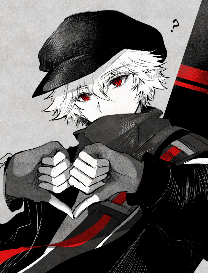 1boy ? arknights newsboy_cap covered_mouth fingerless_gloves gloves grey_background hair_between_eyes hat highres jacket looking_at_viewer male_focus oonohara_kenya open_clothes open_jacket red_(npc)_(arknights) red_eyes shirt simple_background solo upper_body