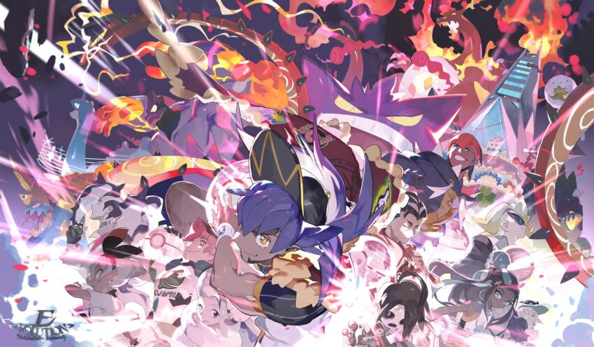 3girls 6+boys alcremie allister_(pokemon) artist_name bea_(pokemon) black_hair black_headwear black_shirt bow_hairband cape centiskorch charizard closed_mouth dark-skinned_female dark-skinned_male dark_skin drednaw duraludon dusk_ball dynamax_ball e_volution eldegoss everyone fire gen_1_pokemon gen_8_pokemon gengar gigantamax gigantamax_alcremie gigantamax_centiskorch gigantamax_charizard gigantamax_drednaw gigantamax_duraludon gigantamax_gengar gigantamax_lapras gigantamax_machamp gloves gordie_(pokemon) grey_eyes grey_hair hairband hat holding holding_poke_ball kabu_(pokemon) lapras leon_(pokemon) long_hair machamp mask melony_(pokemon) milo_(pokemon) multicolored_hair multiple_boys multiple_girls nessa_(pokemon) nintendo opal_(pokemon) piers_(pokemon) poke_ball pokemon pokemon_swsh purple_hair raihan_(pokemon) red_cape shirt short_hair short_sleeves smile two-tone_hair white_shirt