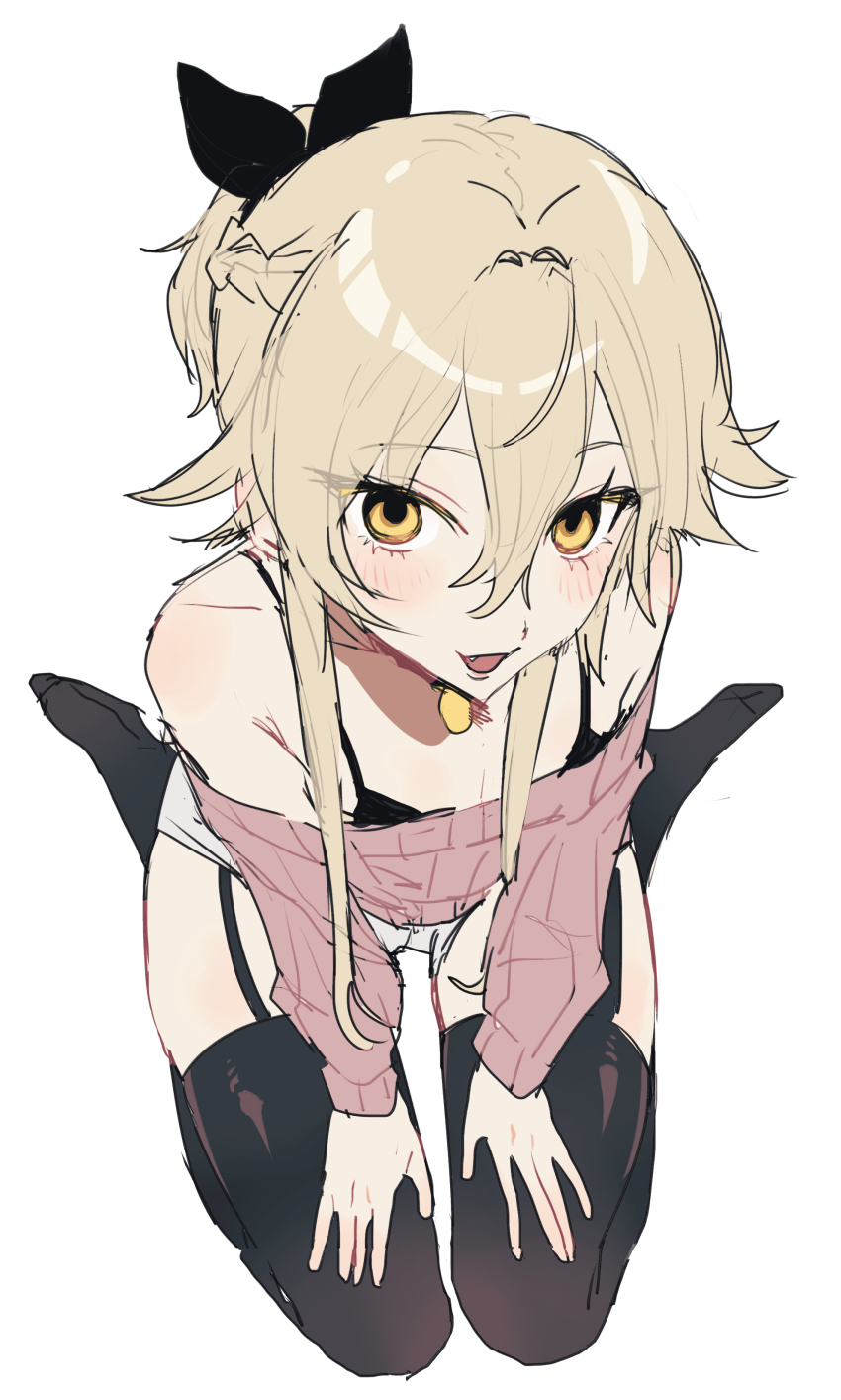 1boy absurdres black_bow black_bra black_choker black_garter_straps black_thighhighs bow bra bra_strap braid choker coin_(ornament) envy_elika_(koyashaka) fang garter_straps hair_between_eyes hair_bow highres koyashaka light_blush looking_at_viewer original ponytail seiza short_ponytail shorts side_braid simple_background single_braid sitting thighhighs trap underwear white_background white_shorts yellow_eyes