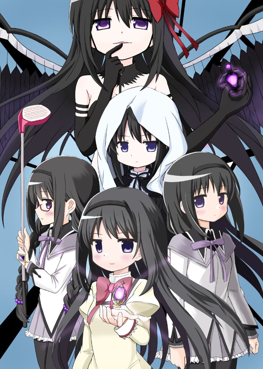 5girls akemi_homura akemi_homura_(black_dress) akemi_homura_(magical_girl) akuma_homura blue_background dark_orb_(madoka_magica) glasses golf_club highres holding holding_golf_club mahou_shoujo_madoka_magica mahou_shoujo_madoka_magica:_hangyaku_no_monogatari mitakihara_school_uniform multiple_girls multiple_persona riuriumagi school_uniform soul_gem