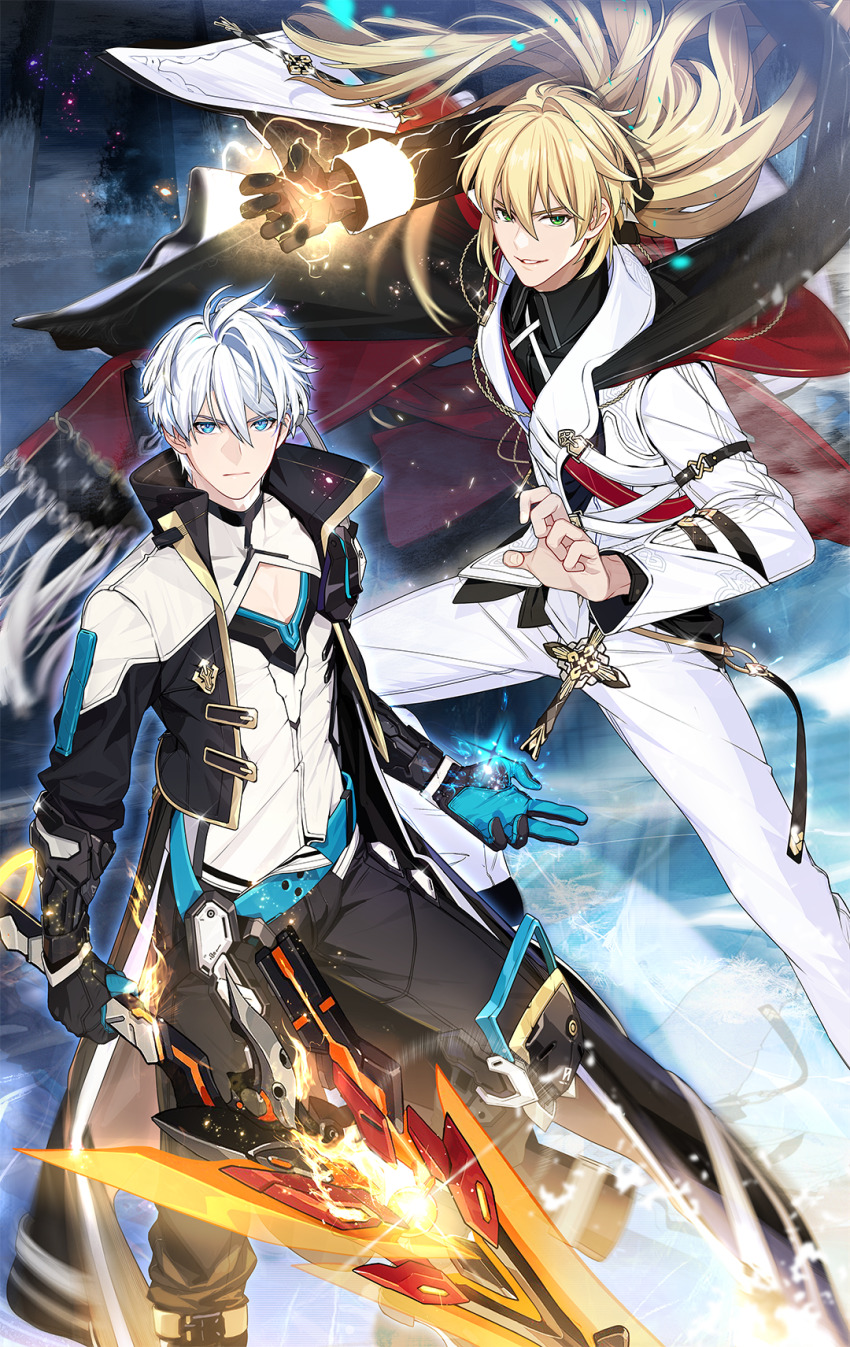2boys black_gloves blonde_hair blue_eyes cape chinese_commentary closed_mouth commentary_request fire flaming_sword flaming_weapon gloves green_eyes grin hair_between_eyes highres holding holding_sword holding_weapon honkai_(series) honkai_impact_3rd jacket juer1004 kevin_kaslana long_hair long_sleeves looking_at_viewer male_focus multiple_boys open_mouth otto_apocalypse pants short_hair single_glove smile sword teeth weapon white_jacket white_pants